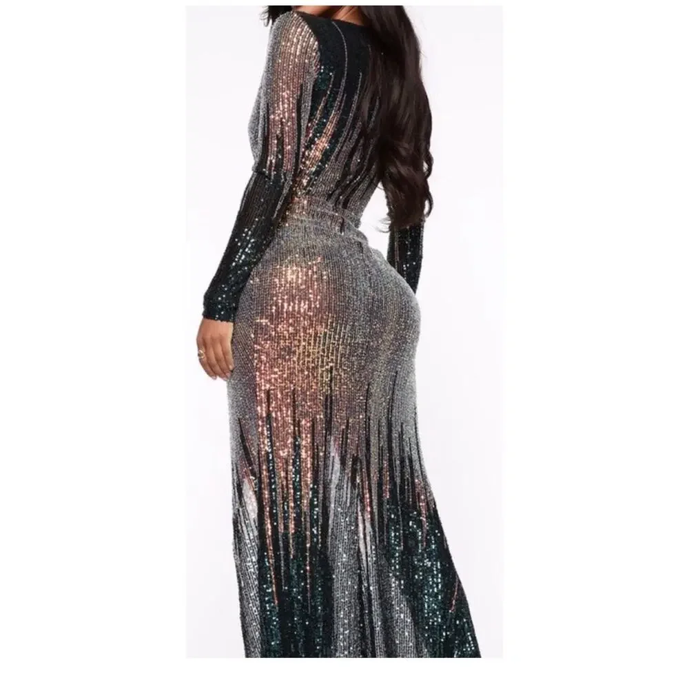 Fashion Nova Sequin Gown v-neckline long sleeves Chasing Dreams Maxi XL NWT - Picture 2 of 9